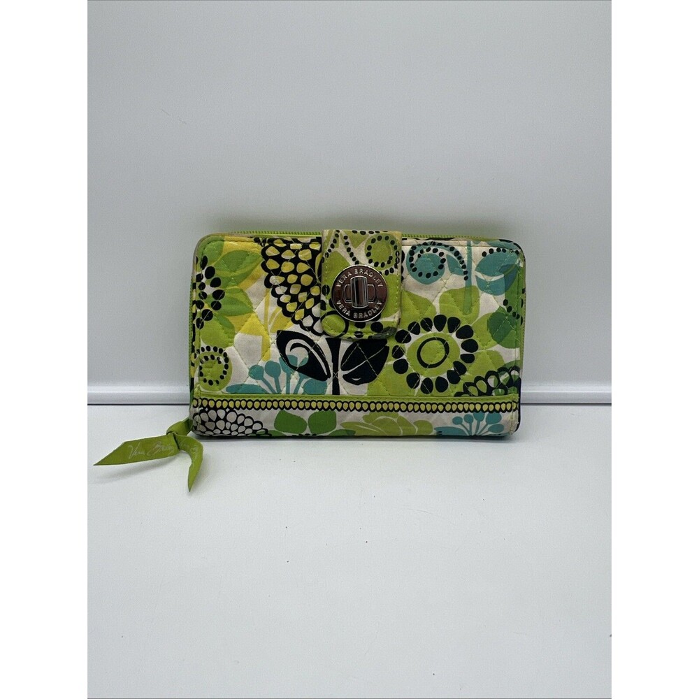 Vera Bradley Wallet Clutch Turn Lock Green And Yellow Floral Print